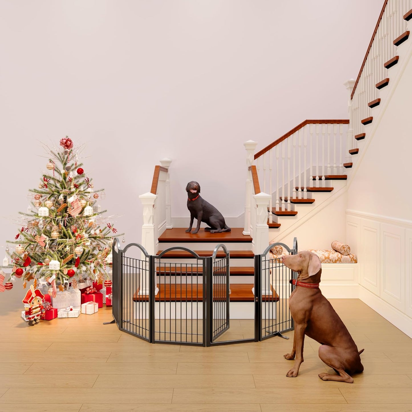 BHG Metal No-Assembly Freestanding Dog Gate with Door Walk Through, Extra Wide 144", Extra Tall 32" Pet Gate, Accordion Puppy Folding Playpen Dog Fence, with 2PCS Support (Black, 6 panesl)