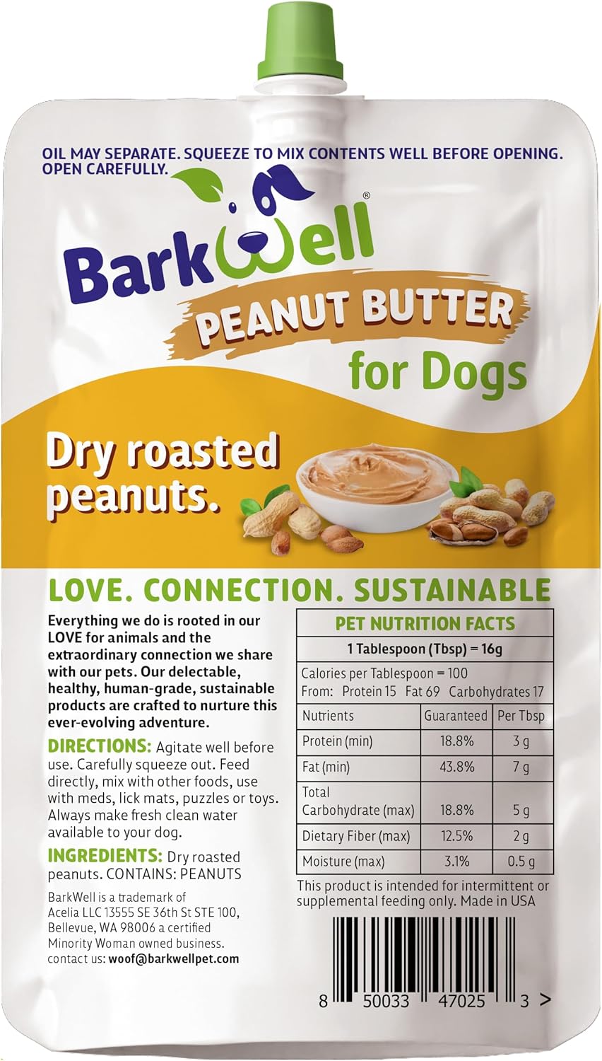 BarkWell Peanut Butter Squeeze - 8oz Pouch All-Natural Dog Peanut Butter, Sourced and Made in The USA Grain Free Dog Treat 100% Natural, Lick mat Topper, Puzzle Toy Fill