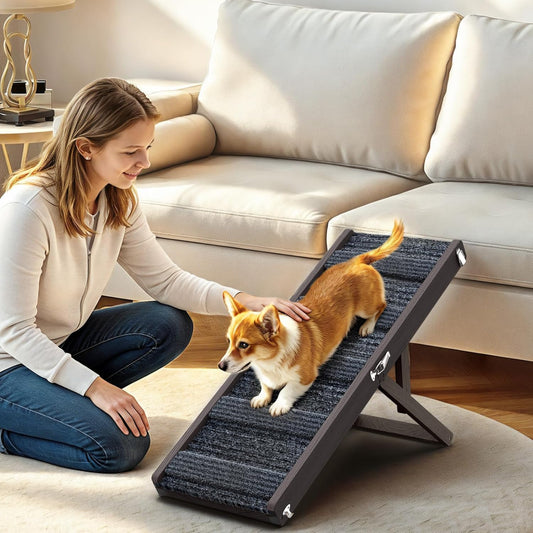 Pawaboo Foldable Dog Ramp, Small Dog Ramp for Couch, 4 Adjustable Height from 13'' to 21", Stable Pet Steps with Non-Slip Pad, Portable Pet Ramps Use for Couch Sofa Stairs, Wood