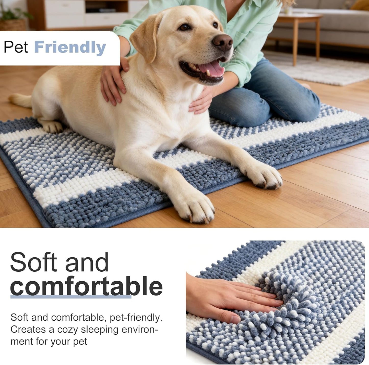 pobopobo Dog Door Mat for Muddy Paws - Absorbent & Washable Chenille Rug, Non-Slip Dirt Trapper for Indoor Outdoor Entryway, Quick Dry Pet Mat for Muddy Dogs (Striped Gray-Blue&White, 24" x 16")