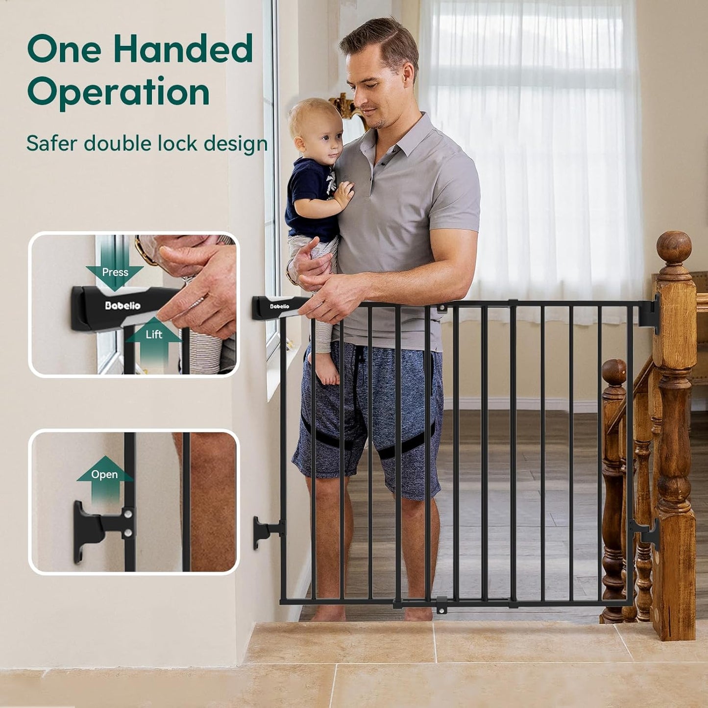 Babelio Baby Gate for Stairs, Kitchen & Doorways, 26-43" W 28" H No Bottom Bar| Easy Installation| One-Handed Operation| Auto-Close| Hardware Mount (Drill Needed) Safety Dog/Pet Gate Indoor (White)