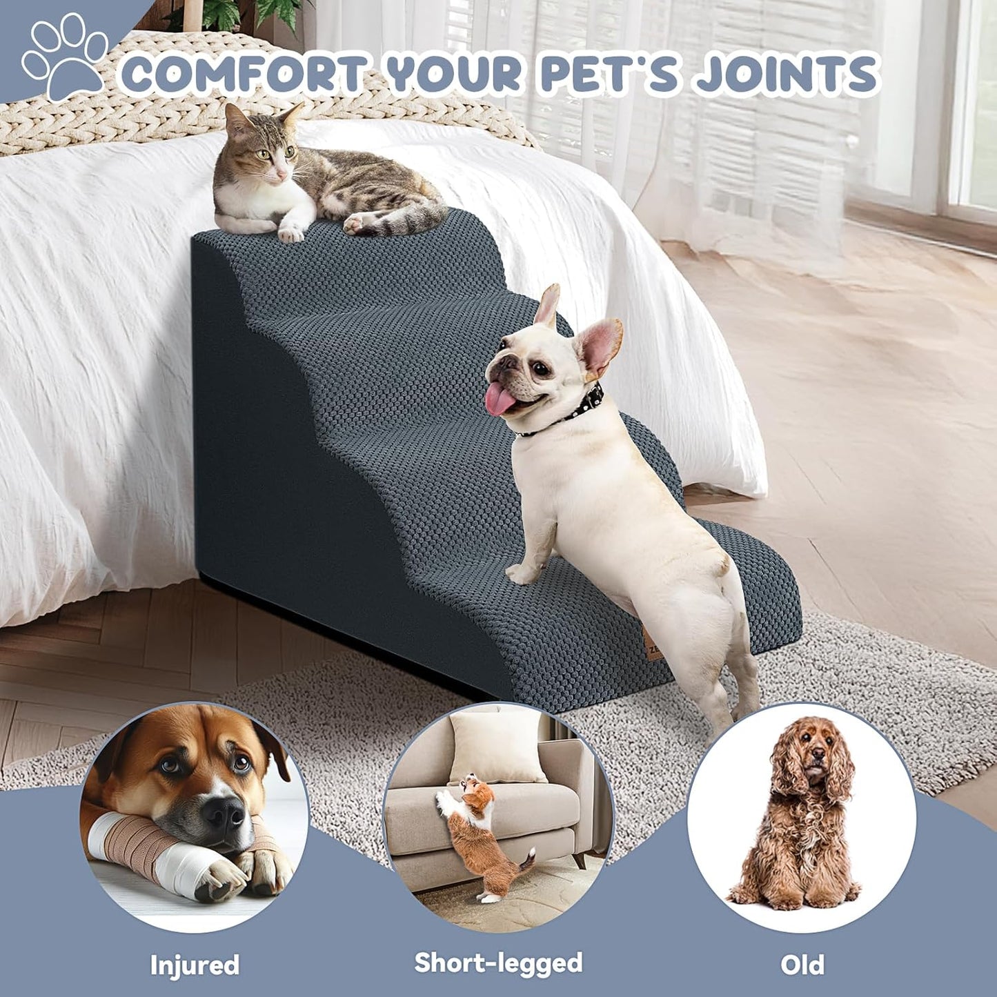 Zerbuger Dog Ramp and Stair for Bed 16" H-20 H,3-Step Cat Stair for Sofa and Chair,4-Step Dog Ramp for High Bed and Window,Durable Nonslip Fabric Cover for Indoor (Purple-20 H, Pet Friendly, 4)