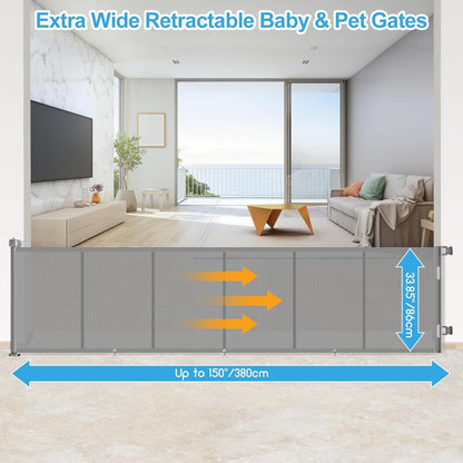 Upgrade 120 inch Retractable Baby Gates, EZIGO Extra Wide Baby Gate for Large Opening Extra Long Mesh Gate for Kids or Pet Dog Gate Child Safety Gate for Stairs Hallways Doorway Indoor Outdoor, Gray