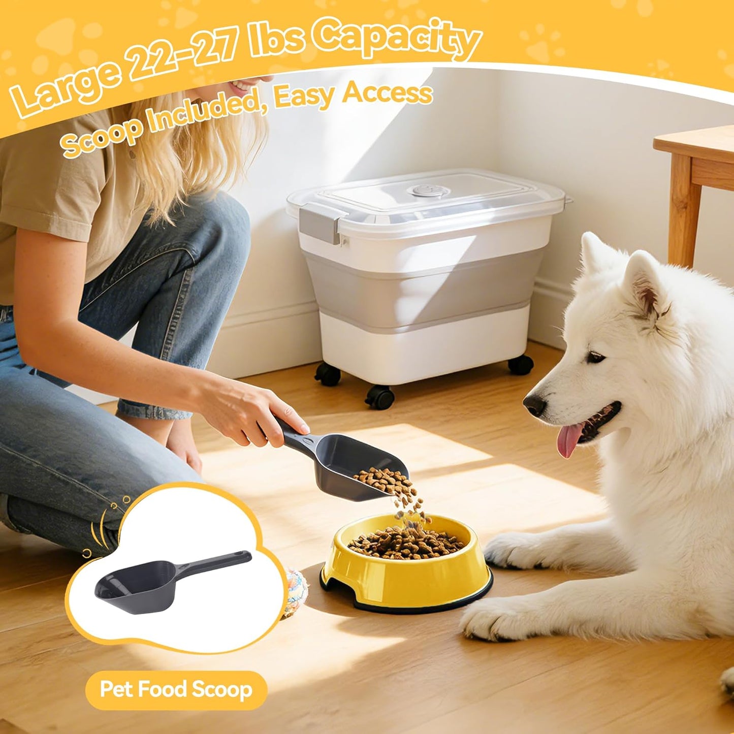 Dog Food Storage Container 30-40lbs, Airtight Pet Food Bin with Locking Lid & Clear Window, Collapsible Rolling Storage Container with Wheels & Scoop, Gray