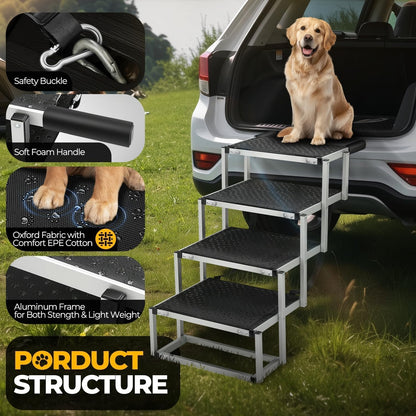 Auto Dynasty Dog Stairs for Car - 4 Steps Wide 31.4in High 25in Foldable Dog Ramp for Car Non-Slip Surface Support up to 150lbs - Suitable for SUV,Truck, Sofas, Bed/Couch