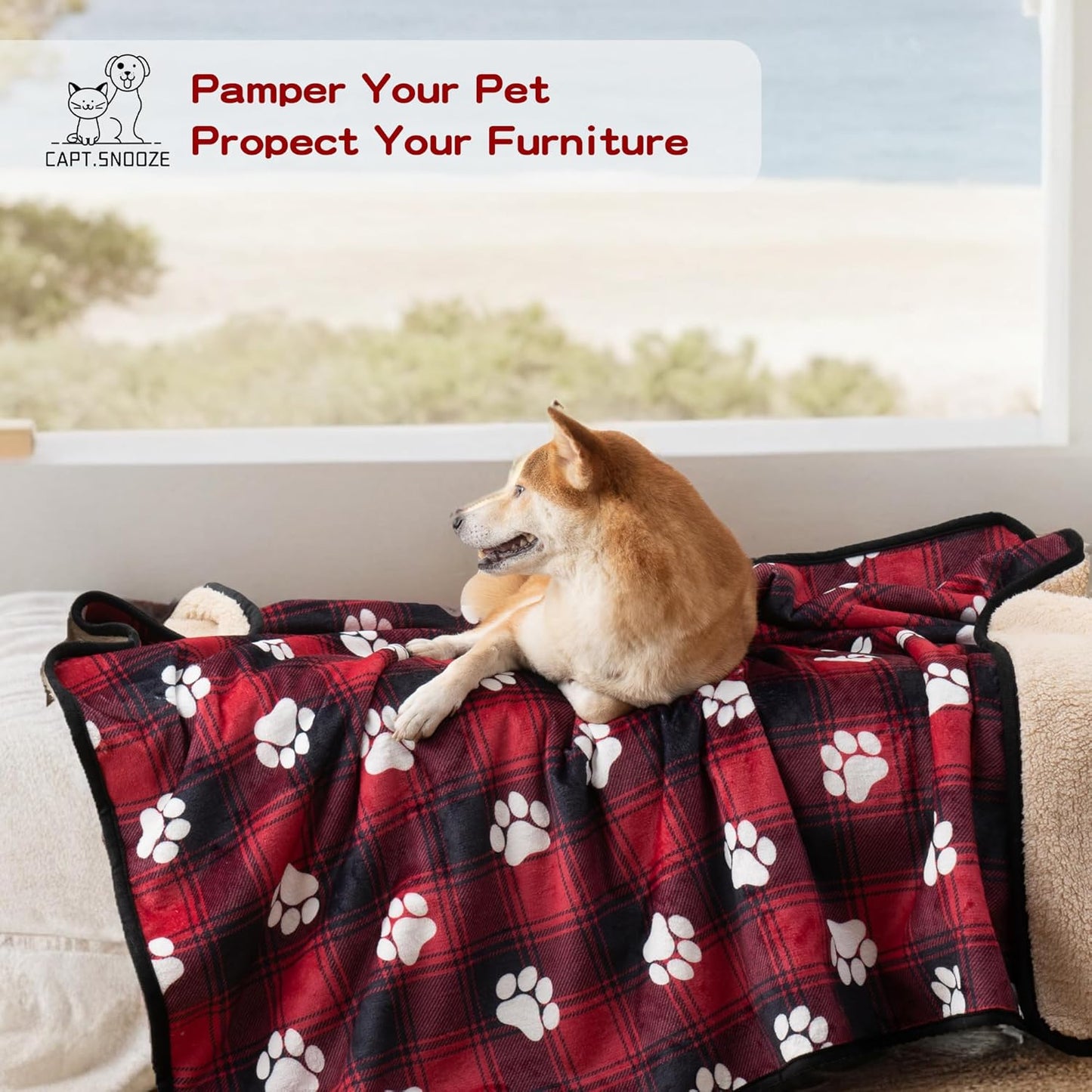 Waterproof Dog Blankets Pet Blanket 50"x60", Soft Fluffy Sofa Car Bed Protector, Reversible Sherpa Fleece Dog Blanket for Large Dogs (Dark Grey-Paws)