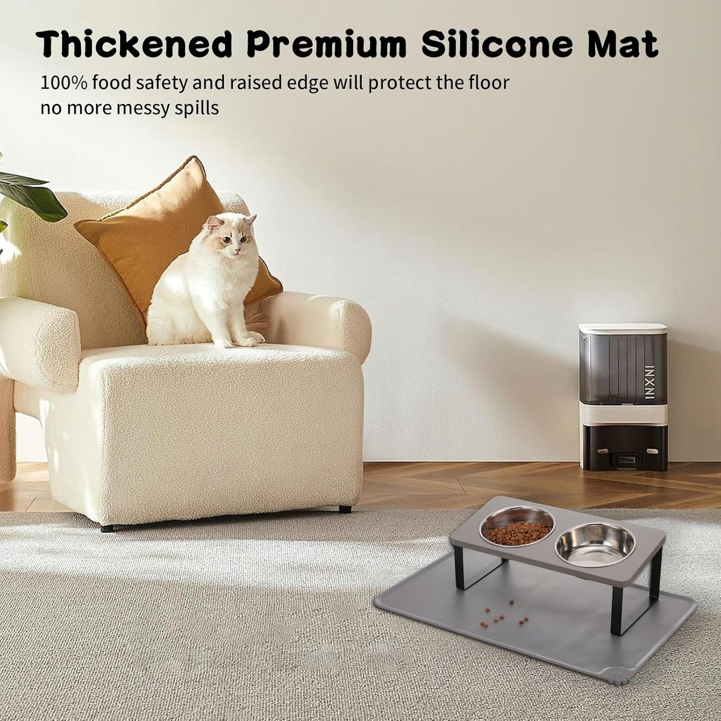 Upgraded Elevated Cat Bowls with Food Mat,15°Tilted Stand Anti Vomiting Raised Cat Dishes for Food and Water,2 Stainless Steel Bowls for Cats and Puppy