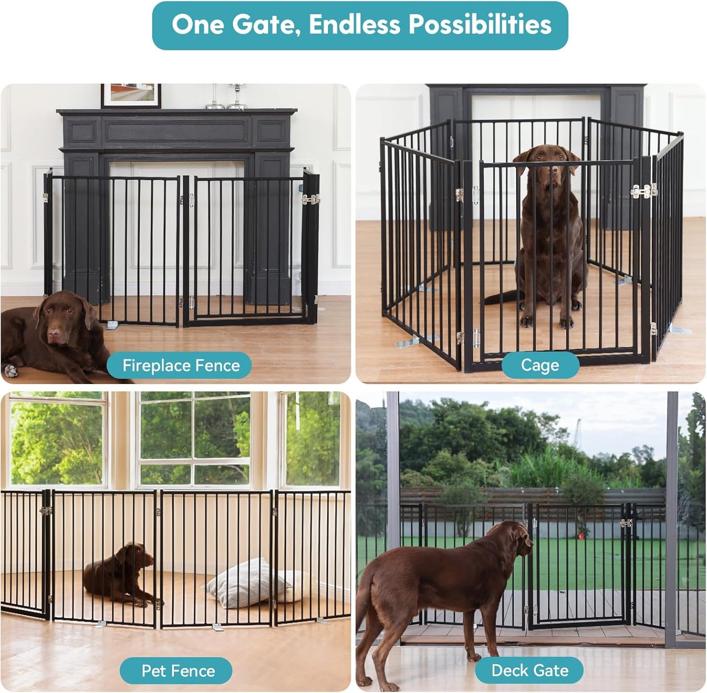 No Pawblems Free Standing Dog Gate with Door, 30'' Tall Foldable Dog Fence for Indoor & Outdoor, Up to 78 Inch Extra Wide Puppy Gate for Stairs, Hallways, Doorways, Deck, Yard (Black, 3 Panels)