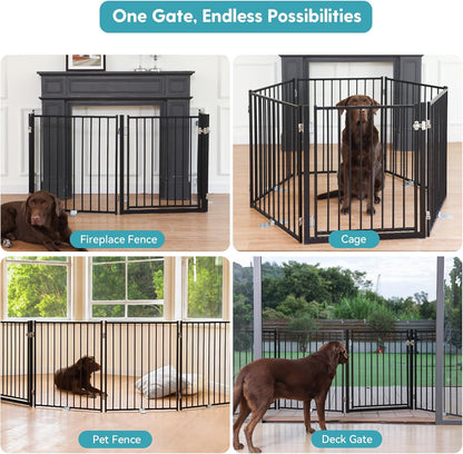 No Pawblems Free Standing Dog Gate with Door, 30'' Tall Foldable Dog Fence for Indoor & Outdoor, Up to 78 Inch Extra Wide Puppy Gate for Stairs, Hallways, Doorways, Deck, Yard (Black, 3 Panels)