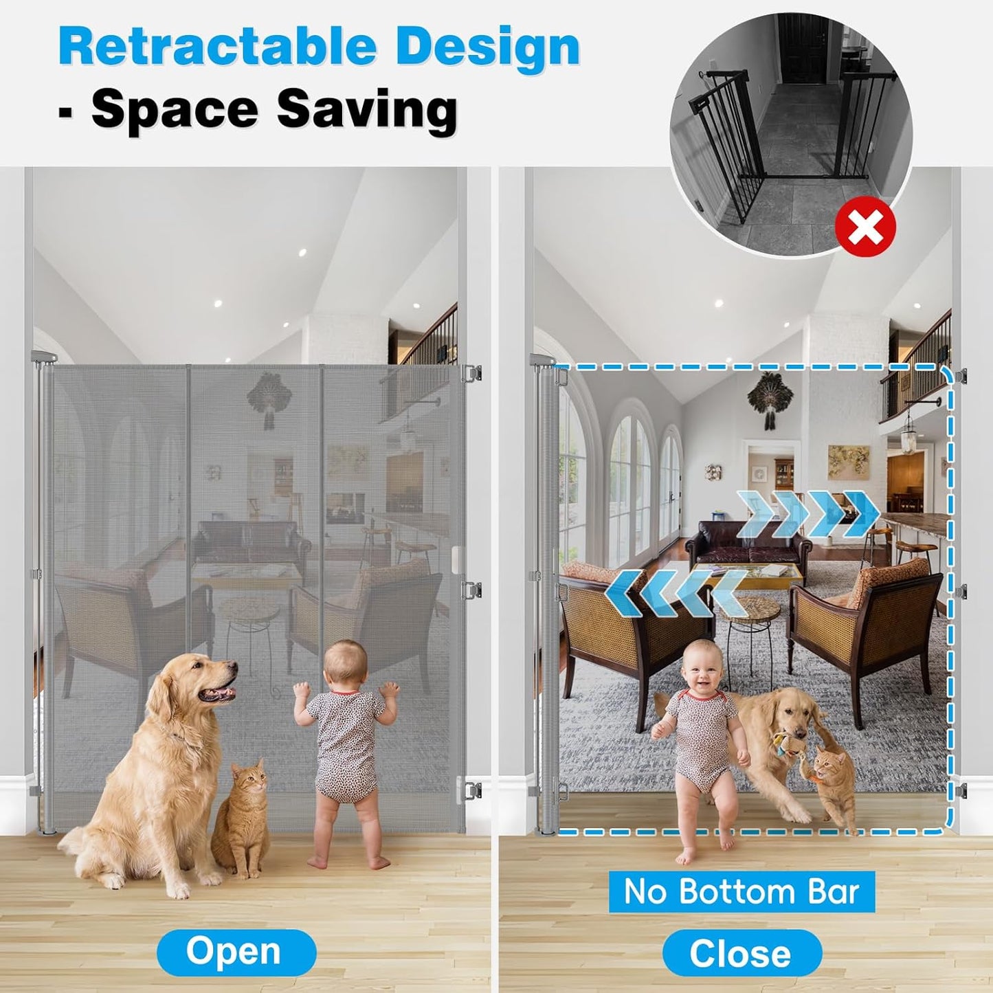 Reinforced 65" Extra Tall Pet Gate for Doorway, Jump-Resistant & Prevent Crawling Underneath Retractable Baby Gates Extra Tall, 0-55" W Retractable Dog Gate for Pet, Dogs, Cats, Puppies, Babies, Black