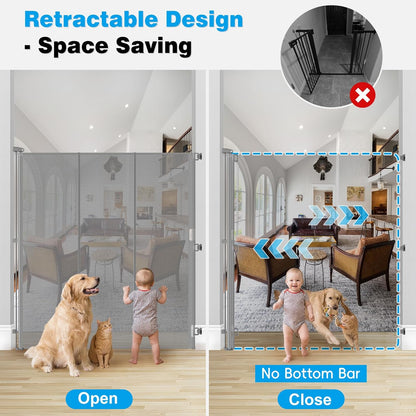 Reinforced 65" Extra Tall Pet Gate for Doorway, Jump-Resistant & Prevent Crawling Underneath Retractable Baby Gates Extra Tall, 0-55" W Retractable Dog Gate for Pet, Dogs, Cats, Puppies, Babies, Black