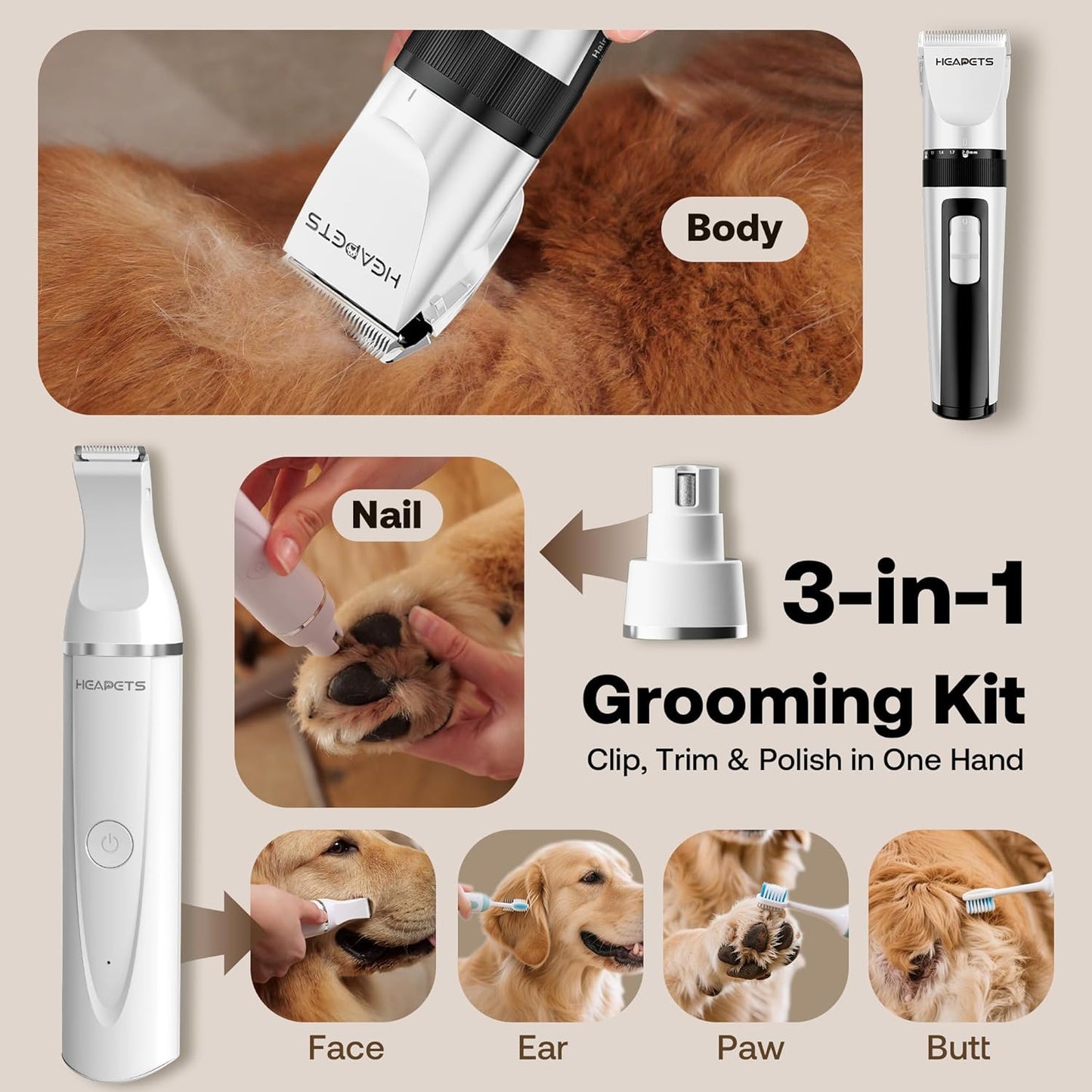HEAPETS Dog Hair Clippers for Grooming Kit and Dog Paw Trimmer Nail Grinder for Grooming, Low Noise Rechargeable Cordless, Shaver Grooming Supplies for Pet Cats Dogs (Black, White)