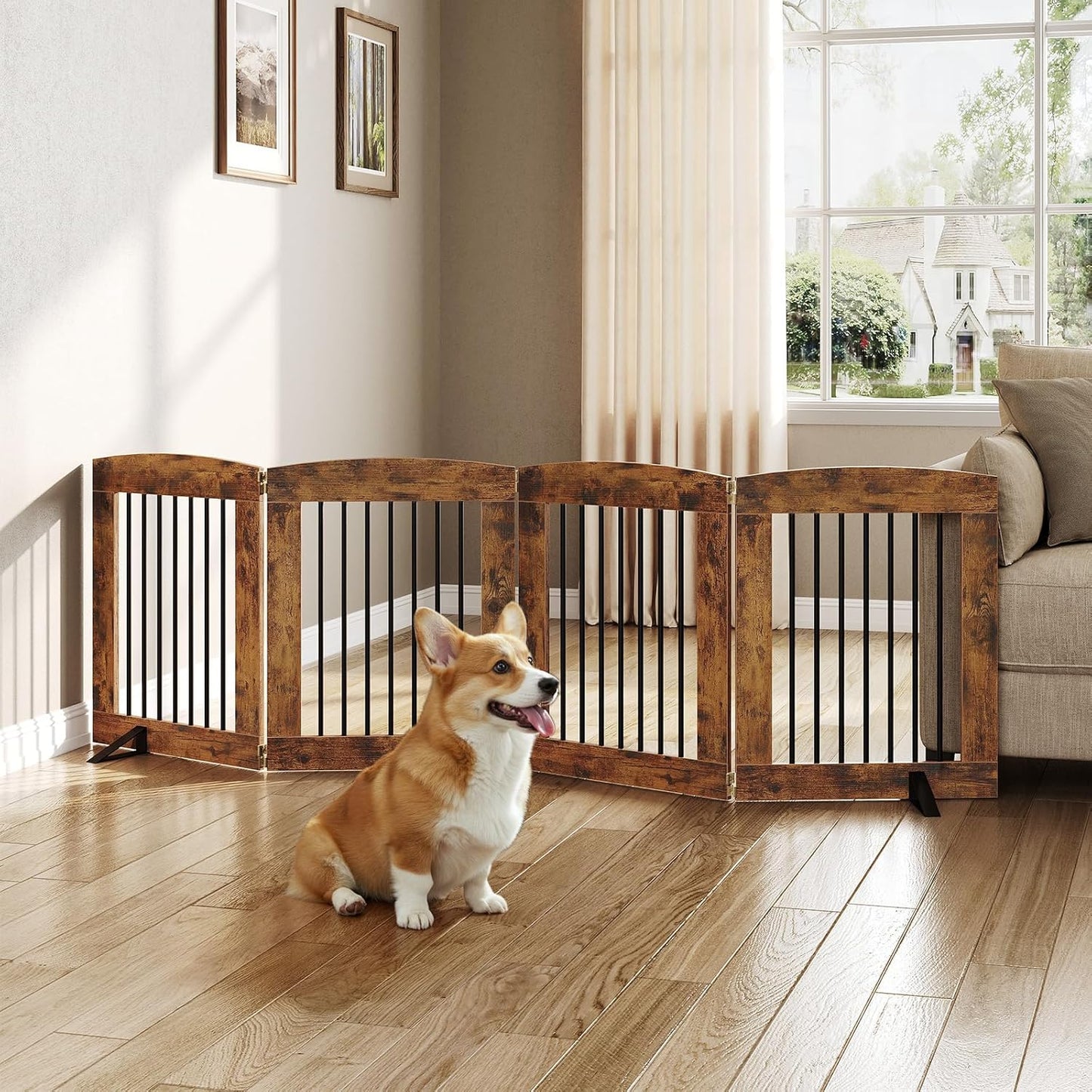 HOOBRO Indoor Dog Gate with Support Feet, Freestanding Pet Gate for Doorway, Stairs, 31.5 Inch 3 Panels, Folding Dog Fence, 360° Hinge for Easy Access, Sturdy Iron Pipe, Rustic Brown BF06PP03