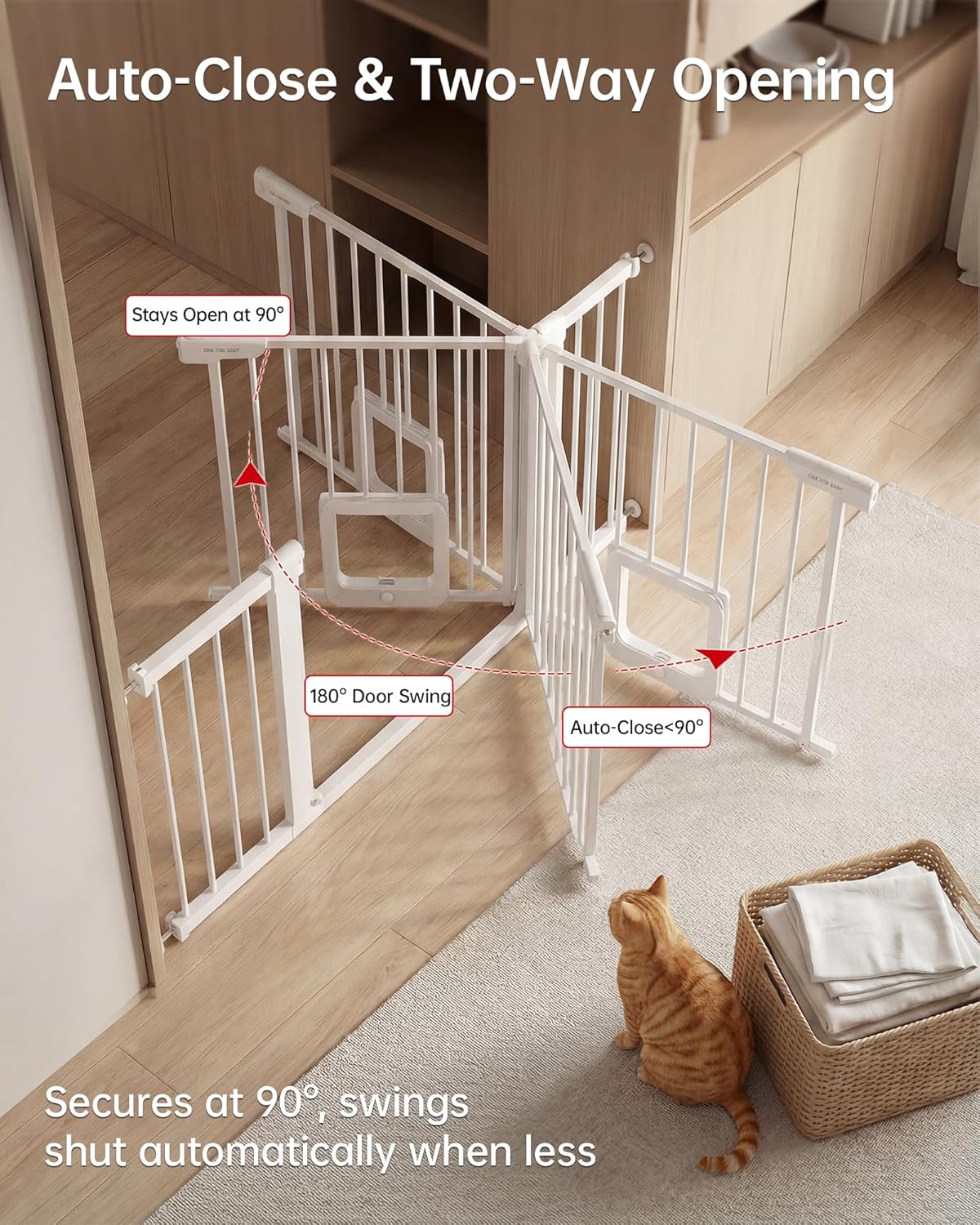 Baby Gate for Stairs, 29.92-48” Wide Pressure Mounted Baby Gate No Drill Needed, Auto Close Dog Gate for Doorways, Easy Walk Through Safety Child Gates for Toddler & Pet/Puppy, Indoor, White