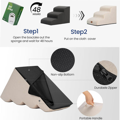 GoGoBunny Ramp Dog Stairs for Couch Sofa and Chair 15.7" H, 3-Step Pet Steps for Small Dogs and Cats, Non-Slip Waterproof Fabric Cover, Stable and Balanced Indoor Step, Pets Friendly, Grey