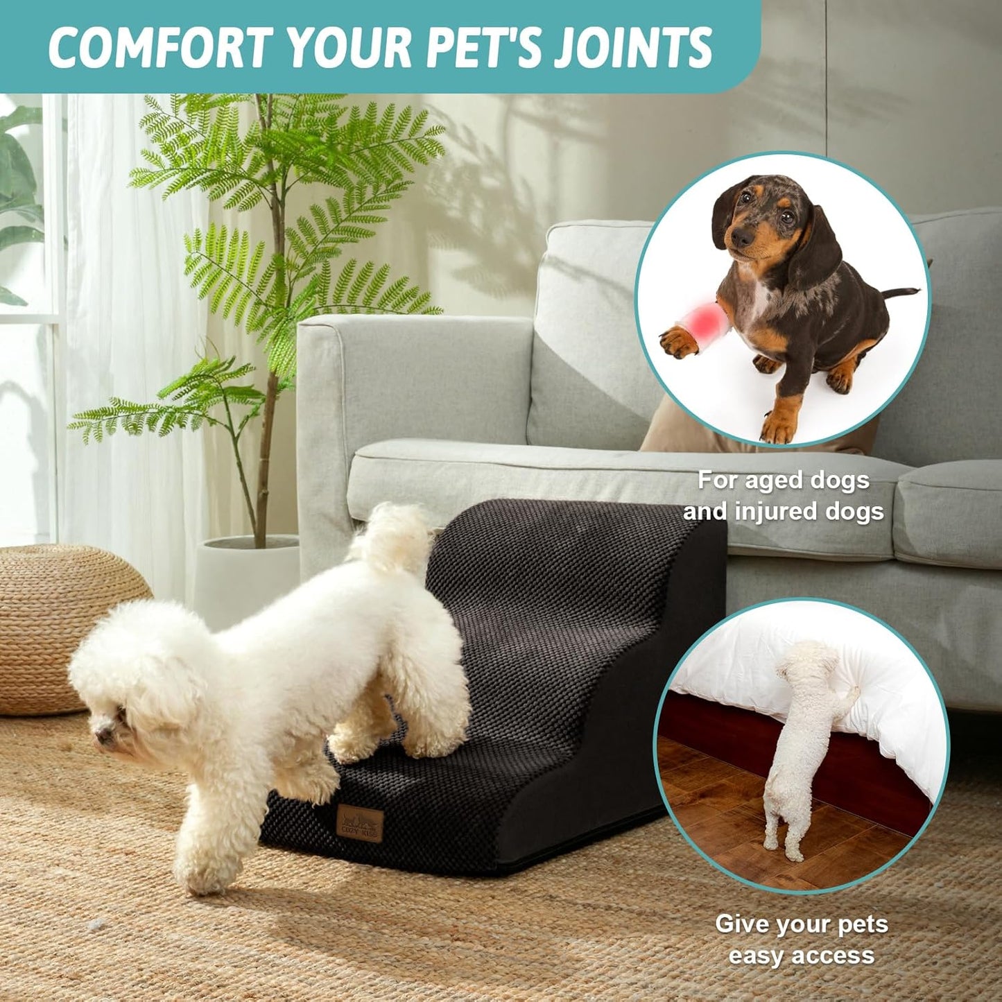 COZY KISS Dog Stairs for Small Dogs 15.7" H, Curved Dog Step for Puppy, Older Cat, Medium Pet Ramp for Sofa, Couch or Chair, Ladder with High Density Foam, 3 Step, 15.7x22.4x15.7 inch, Beige