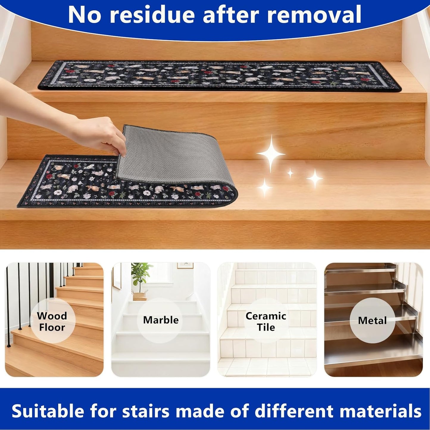 Animal Cat Dog Stair Treads Non Slip for Wooden Steps 15PCS 8"x30" Stair Carpet Treads TPR Backing Soft Stair Runner Washable Reusable Indoor Safety Stair Mats for Elders Kids Dogs Black