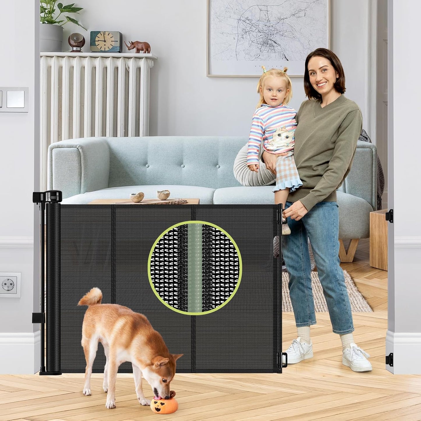 Reinforced 80 Inch Retractable Baby Gate Extra Wide Baby Gate for Wide Openings, Indoor/Outdoor Retractable Dog Gate for Doorway, Mesh Dog Gate Indoor Prevent Babies/Pets from Crawling Under, Black
