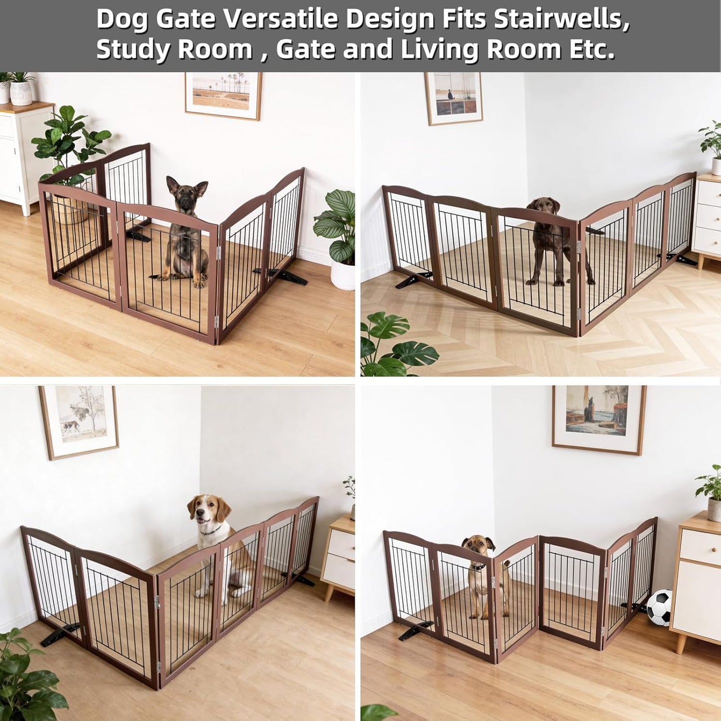 ZJSF Freestanding Dog Fence Indoor, Foldable Dog Gate for Doorways, Stairs or Hallways, Sturdy Wood Extra Wide Pet Gate with Support Feet for The House, White, 24 "Height-3 Panels