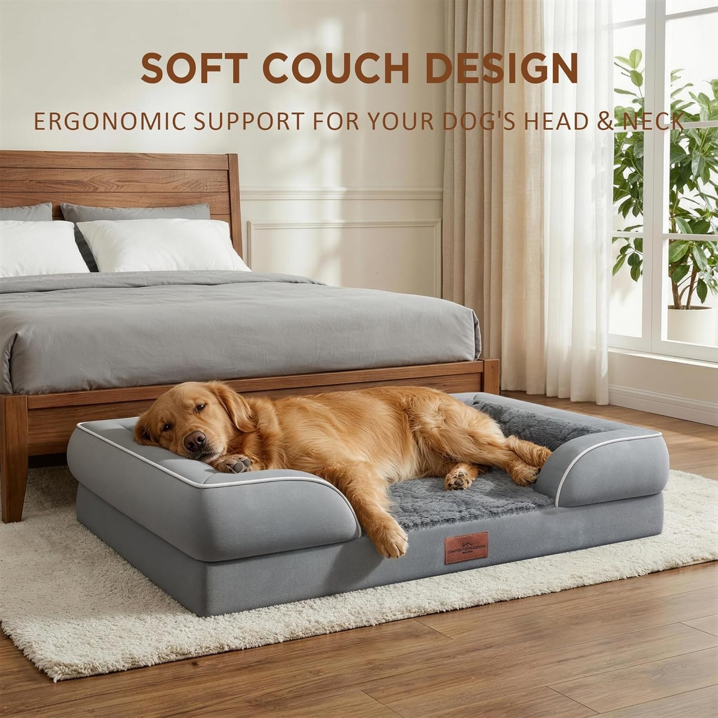 Comfort Expression Orthopedic Dog Bed for Extra Large Dogs 42x30 Inch, Waterproof Egg Crate Foam XL Pet Bed with Removable Bolsters, Dog Couch with Washable Cover & Non-Slip Bottom, Grey - Colors A
