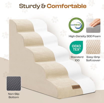Dog Stairs for High Beds Up to 30", Extra-Tall 5-Step Dog Steps for Bed, 24.5" Tall Foam Pet Stairs for Small & Medium Dogs, Gentle Slope Cat Ramp for Bed with Washable Cover