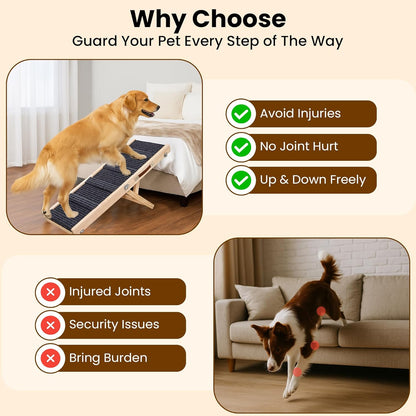 Upgraded 2026 Adjustable Dog Ramp 34.65" Foldable Pet Ramp with 5 Heights 13.6–21.5", Non-Slip Carpet & Leather Handle – Ramp for Bed, Couch & Sofa
