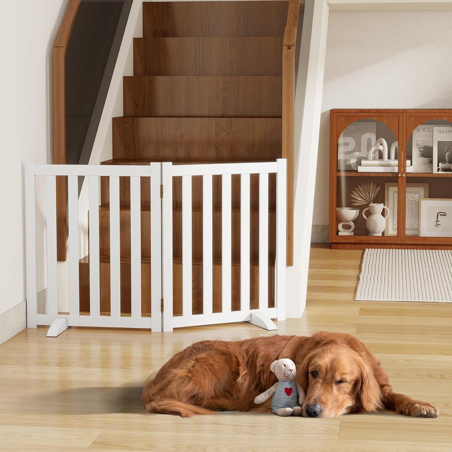 36" Height Extra Tall Freestanding Pet Gate, Solid Wood Folding Safety Fence Wooden Dog Gate with 2 PCs Support Feet Ideal for Stairs, Doorways, Halls, Kitchens, Heavy Duty Gates, 3 Panels, Oak