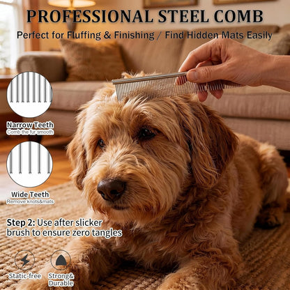 Slicker Brush for Dogs - 4-in-1 Wooden Dog Grooming Kit for Doodles & Poodles with Detangling Comb for Matted Hair & Bath Massage Set, Naturally