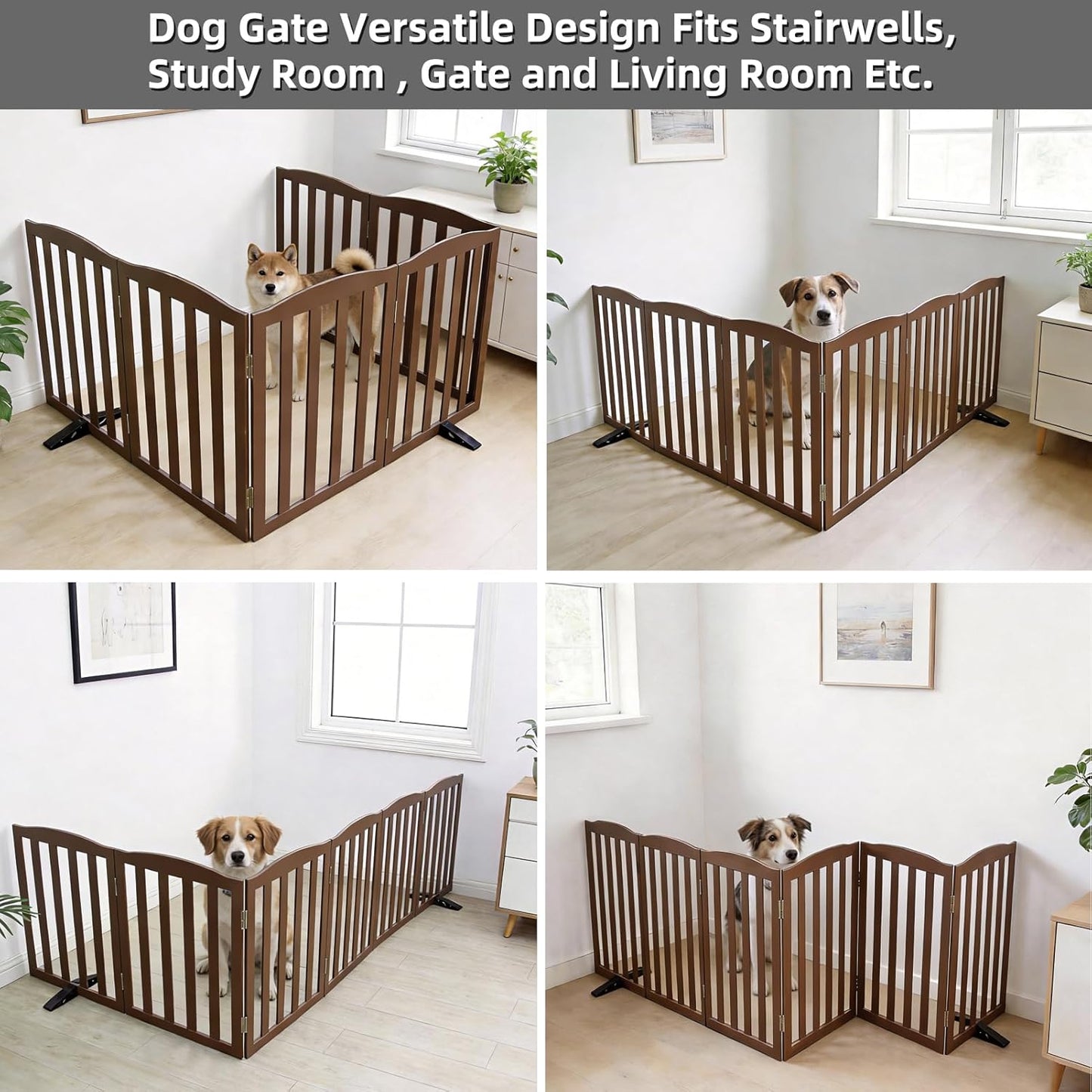 Freestanding Dog Gate Indoor,Doggie Gate Foldable Dog Gates for Doorways,Stairs or Hallways, Wooden White Pet Gate for the House, Pet Fence with Support Feet Included,24 "Height-4 Panels