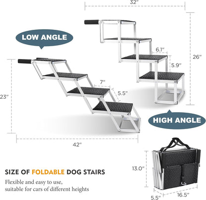 Foldable Dog Stairs for Cars, 4 Steps Wide Dog Ramp for Large Dogs with Non-Slip Surface, Lightweight Aluminum Foldable Steps for High Beds, Cars, SUVs, Trucks, Supports up to 250 lbs