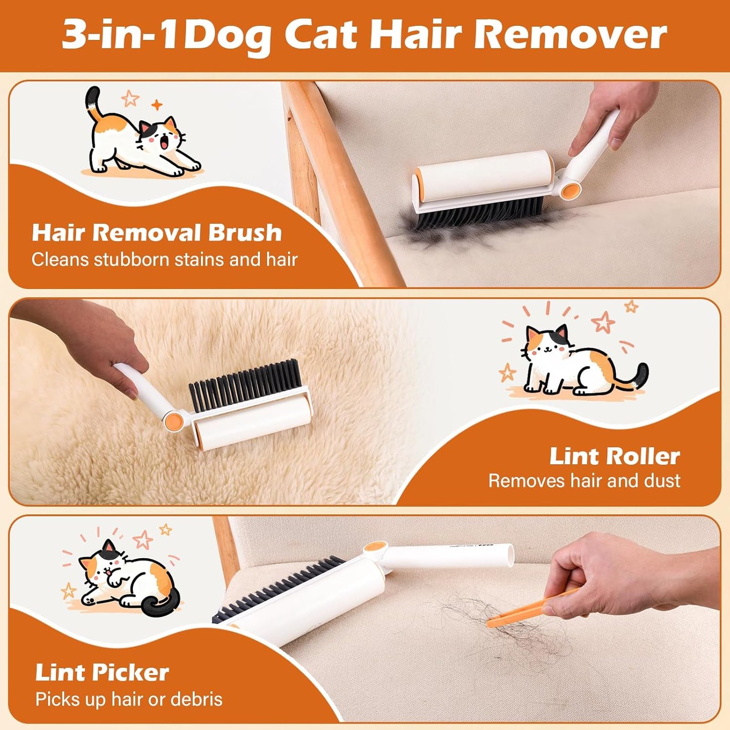 3-in-1 Pet Hair Remover Tool: Soft Dust Brush, Lint Roller for Clothes & Bench Brush with 180° Adjustable Handle, Pet Hair Removal for Dog/Cat Hair on Clothes, Bed, Sofa (2-pack lint roller, One Size)