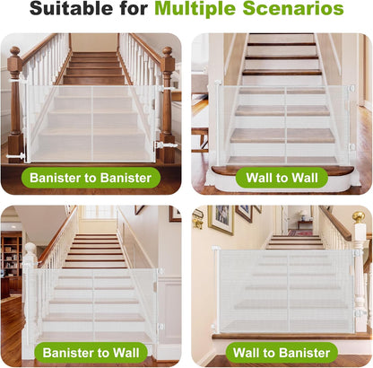 Reinforced Retractable Baby Gate for Stairs & Banister, 55" Wide Mesh Dog Gate, One-Handed Dual Lock Safety Gate for Kids & Pets, Fits Round & Square Posts (Black)