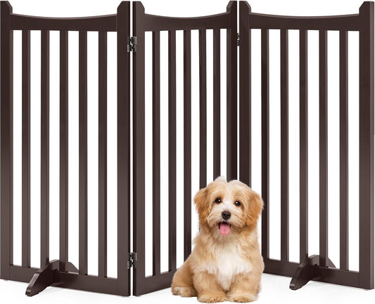 Topeakmart Dog Fence Indoor 36" Tall 3-Panels Wooden Foldable Dog Gate for Pets with 2 Support Feet Freestanding Pet Barrier for Doorways, Porch, Stairs, Kitchen Espresso 60" L × 36" H