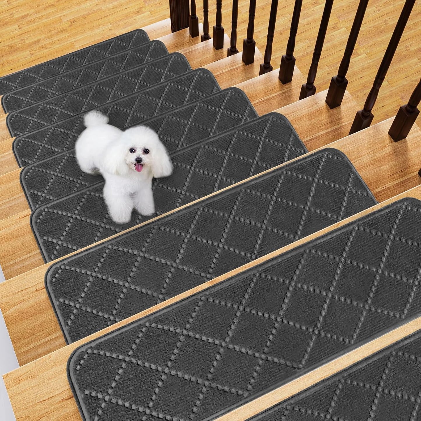 Fixmend Stair Treads Non Slip for Wooden Steps, 8" X 30" (15-Pack) Stair Runner Carpet Treads Indoor with Reusable Adhesive, Stairslide Carpets Rugs Safety Mats for Elders, Kids & Dogs, Dark Grey Leaf