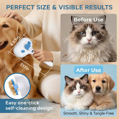 4-in-1 Pet Steam Brush for Dog & Cat with Dual Spray Nozzle | Shedding Hair Removal Comb with Waterless Shampoo, Self-Cleaning Grooming Tool for Anti-Static Skin-Friendly Use (blue)