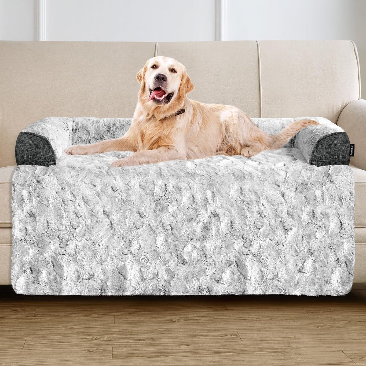 Calming Large Dog Bed for Couch, 41 x 37 inch Removable Couch Cover for Dogs Washable, Non-Slip Fluffy Plush Dog Sofa Mat for Furniture Protector - Grey