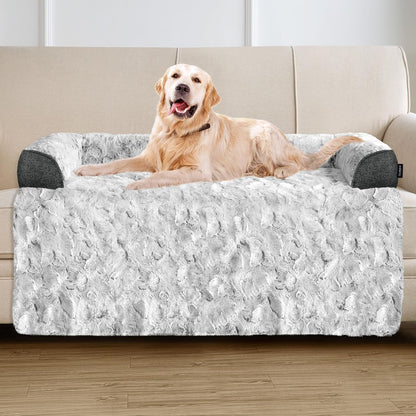 Calming Large Dog Bed for Couch, 41 x 37 inch Removable Couch Cover for Dogs Washable, Non-Slip Fluffy Plush Dog Sofa Mat for Furniture Protector - Grey