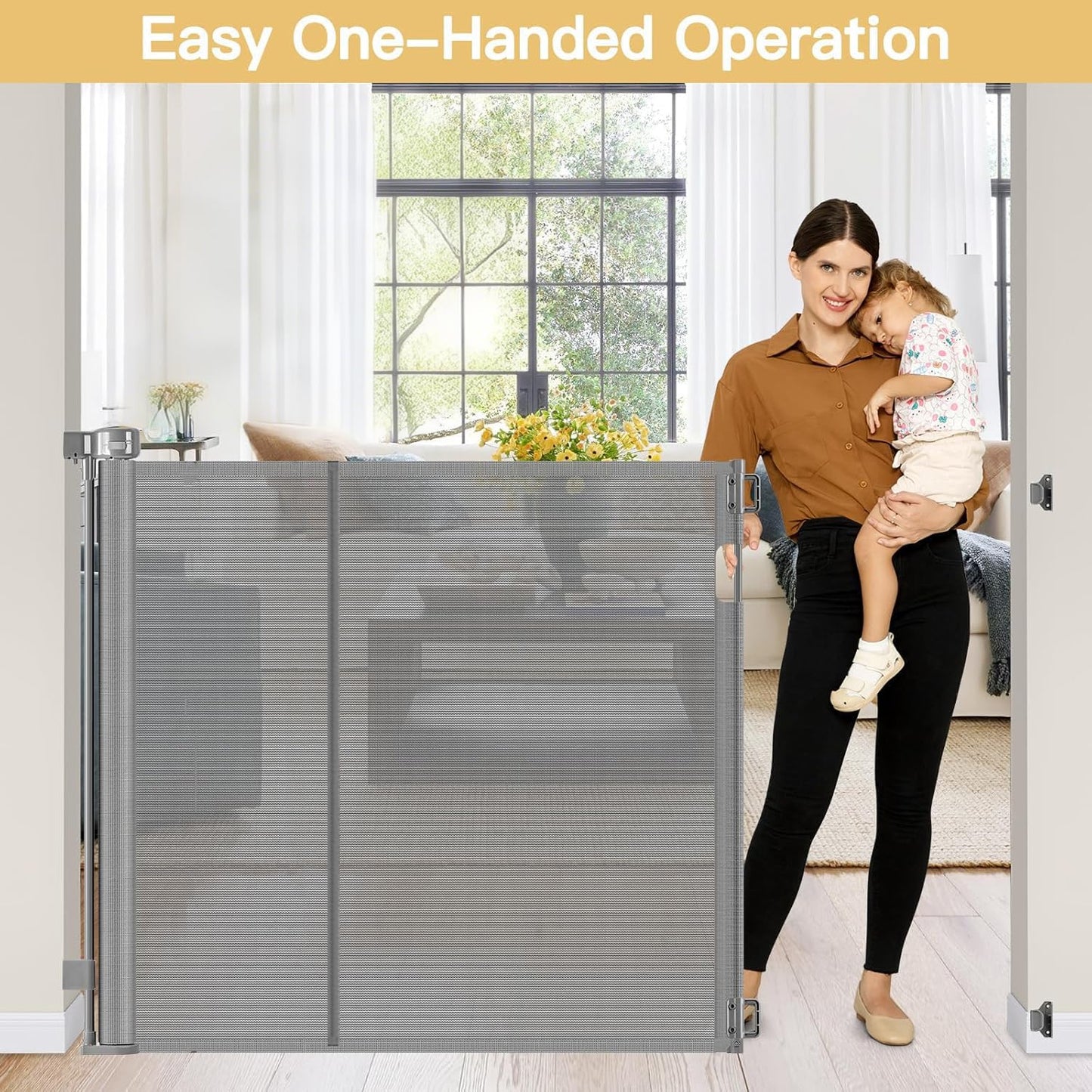 Reinforced 42" Tall Retractable Dog Gate, 155" Extra Long Retractable Baby Gate with Support Rods - Prevent Crawling Under, Indoor/Outdoor Retractable Gate Extra Tall Baby Gate Retractable Fence/Black