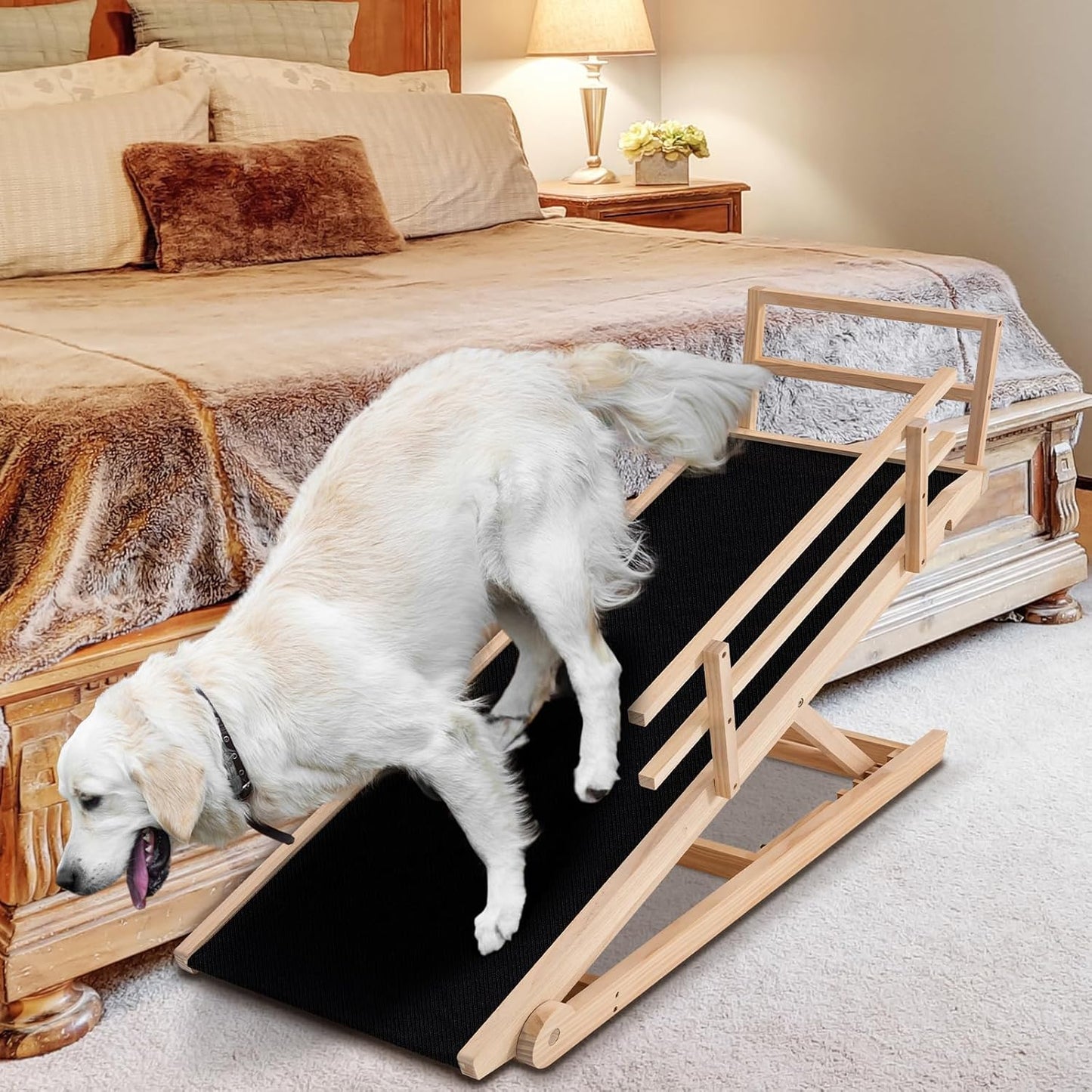 Dog Ramp for Bed, Adjustable Pet Ramps for Dog to Get on Bed, Non-Slip Rubber Surface - Folding Wooden Dog Ramp for Small/Large/Old Dogs, Adjustable up to 27.5 inch High Beds, Safety Railings