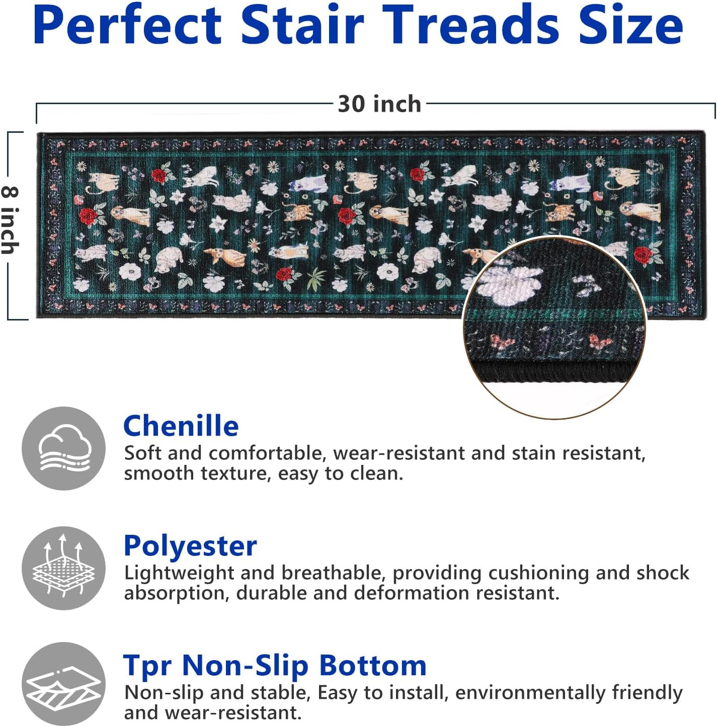 Animal Cat Dog Stair Treads Non Slip for Wooden Steps 15PCS 8"x30" Stair Carpet Treads TPR Backing Soft Stair Runner Washable Reusable Indoor Safety Stair Mats for Elders Kids Dogs Black