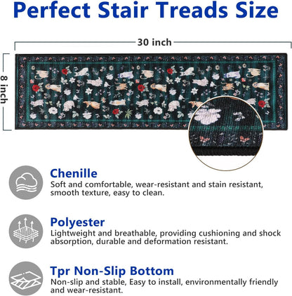 Animal Cat Dog Stair Treads Non Slip for Wooden Steps 15PCS 8"x30" Stair Carpet Treads TPR Backing Soft Stair Runner Washable Reusable Indoor Safety Stair Mats for Elders Kids Dogs Black