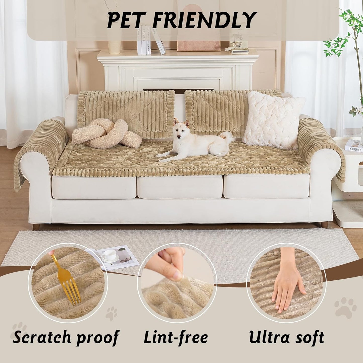 PuTian 100% Waterproof Fuzzy Couch Cover for Dogs Washable Non-Slip Furniture Cover Pet Friendly Dog Mat for Couches and Sofas White 27.6''x59'' 70cmx150cm