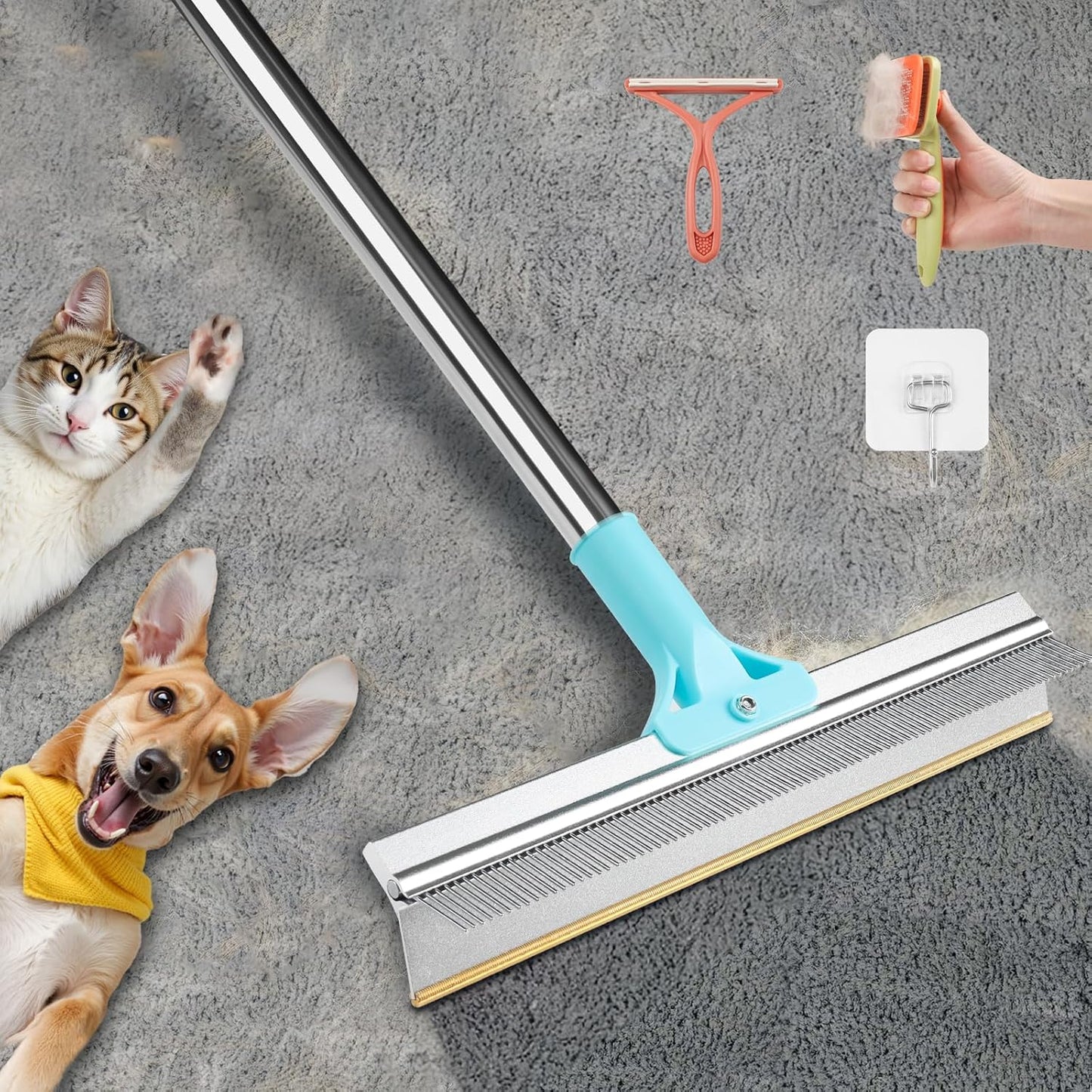2 in 1 Carpet Rake for Pet Hair Removal, Reusable Pet Hair Remover, 54” Adjustable Long Handle Cat Dog Carpet Rake Scraper, Dog Hair Rake Brush for Rugs, Mats, Couch, Furniture