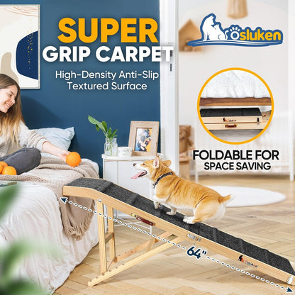Dog Ramp for Bed, L64 W17 Foldable Pet Ramp for Small Large Dogs Cats, Dog Ramps for High Beds Car, High Traction with Platform 6 Adjustable Heights 24" to 30" Up to 220LBS, Wood
