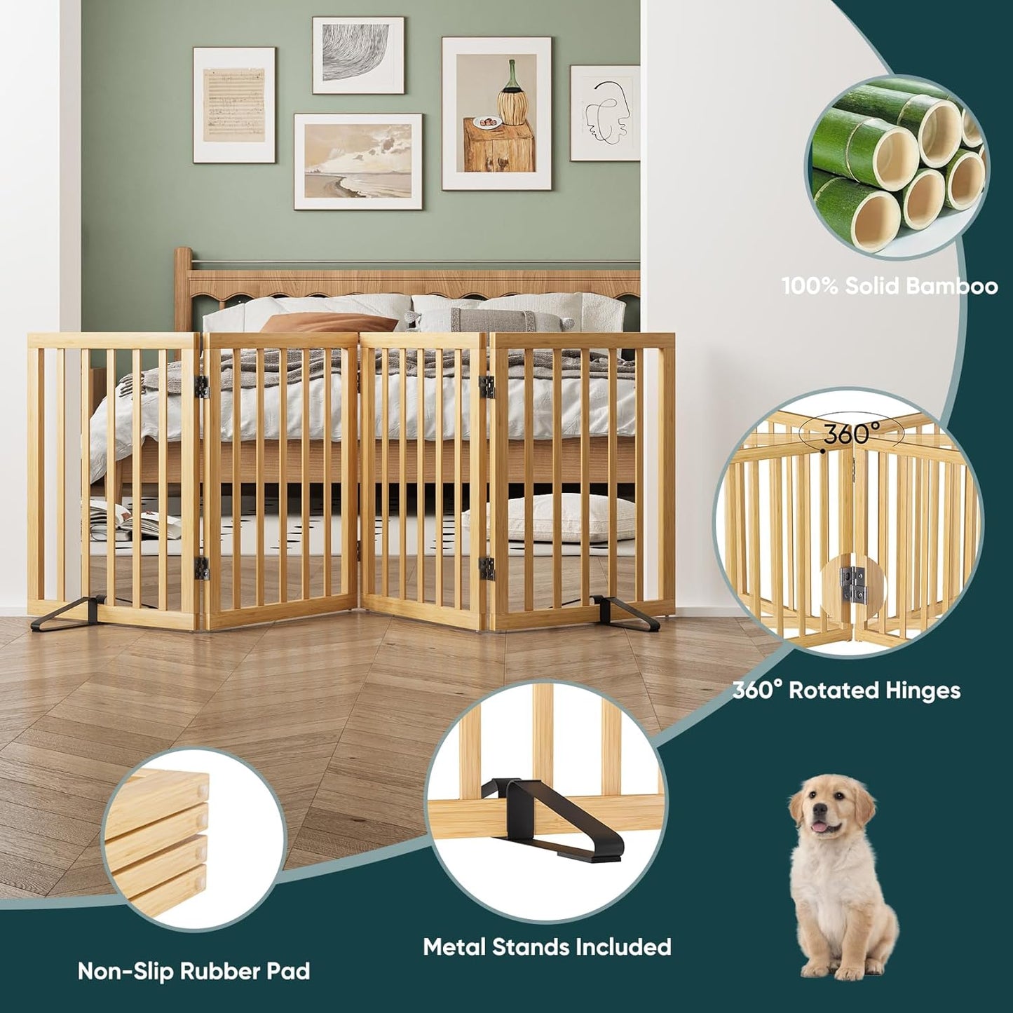 Freestanding Dog Gates Indoor, 3-Panel Pet Gates with 2 Metal Stands and 360° Hinge, 24" H Foldable Dog Gate for Stairs, Doorway, Kitchen, Expands Up to 55" Fully Assembled - Black Walnut