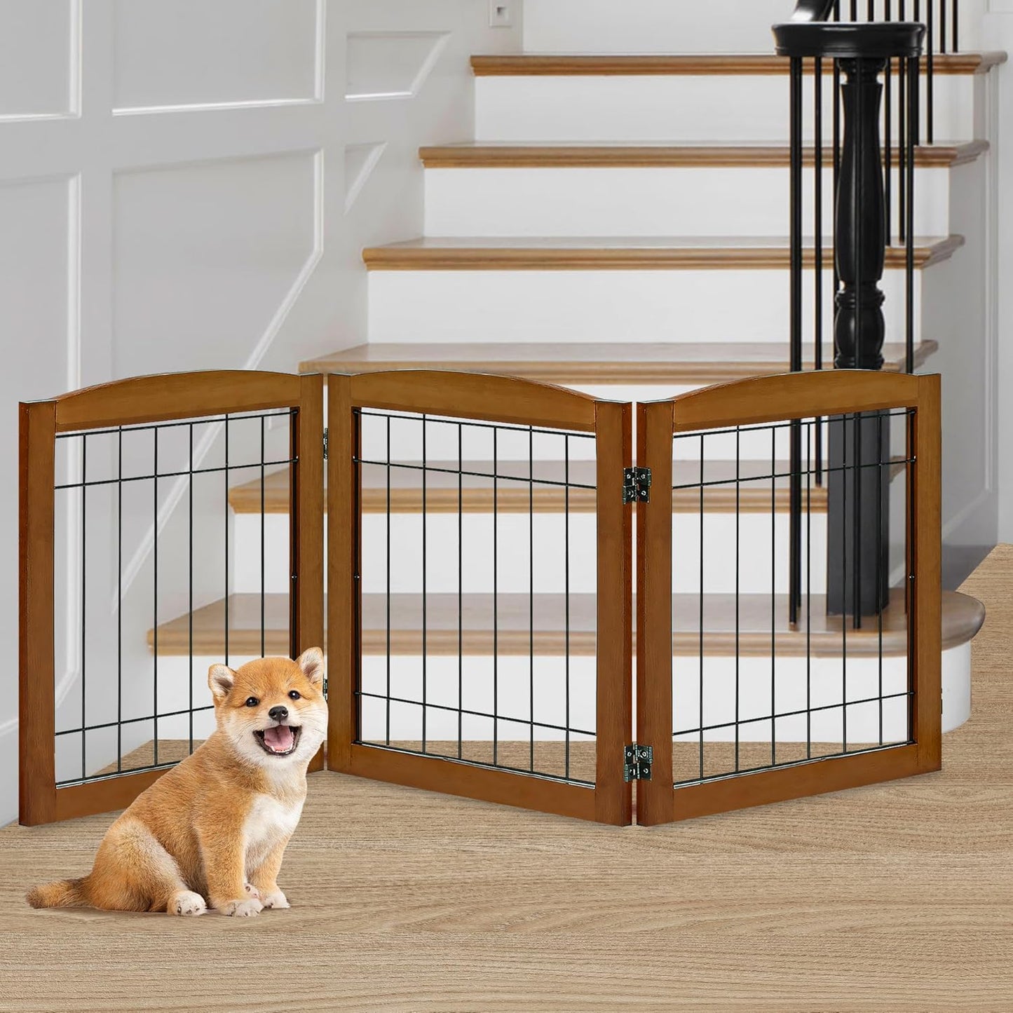 LZRS 2-Panel Freestanding Foldable Wood Dog Gate – Solid Wood & Steel Wire, Chew-Resistant Pet Barrier for Indoor Use, Ideal for Small to Medium Dogs, White