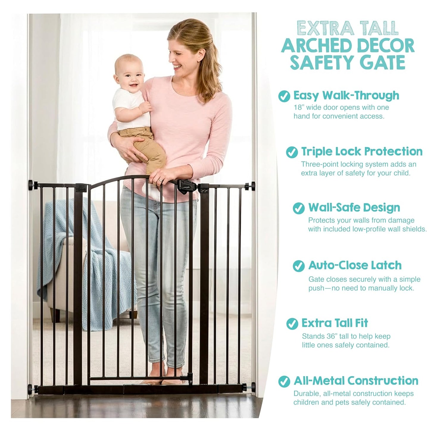 Regalo Safety 36" Extra Tall Home Accent Arch Baby Gate with Door, Pressure Mount for Doorways & Bottom of Stairs, Babies, Toddlers & Pets, Tested & Trusted, American Designed, Family Owned