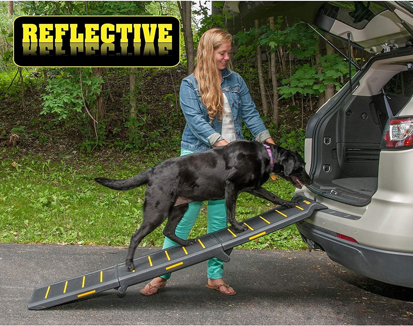Pet Gear Travel Lite Ramps for Dogs and Cats, Compact Easy-Fold, Lightweight and Portable, Built-in Carry Handle, Supports 200lbs, Size 71" x 16", Yellow- Reflective