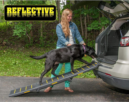 Pet Gear Travel Lite Ramps for Dogs and Cats, Compact Easy-Fold, Lightweight and Portable, Built-in Carry Handle, Supports 200lbs, Size 71" x 16", Yellow- Reflective
