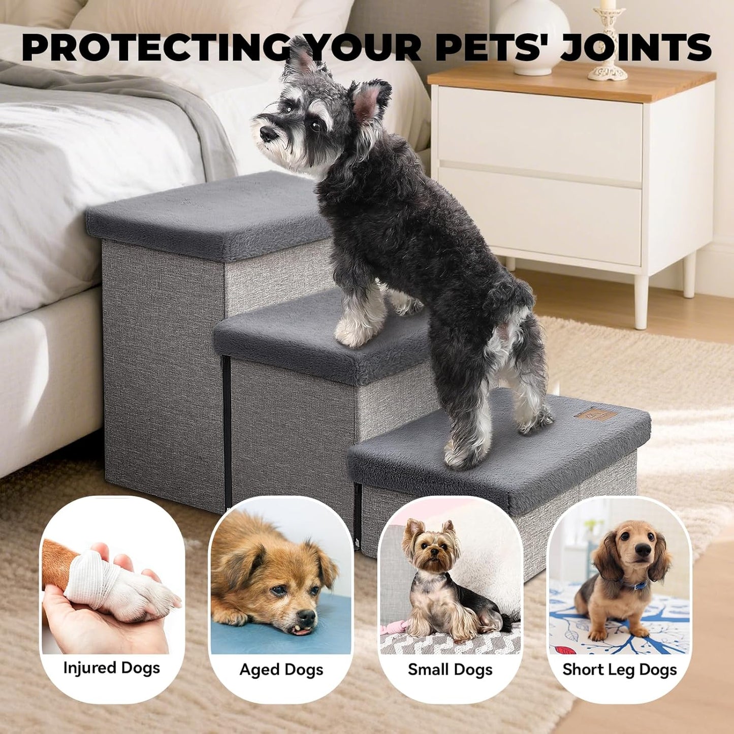 Zerbuger Wider Dog Ramp for High Bed with Storage 18" H, Foldable Dog Stairs for Small Medium Large Older Senior Animal, Sturdy Dog Step for Climbing Bed or Couch, Arthritis-Friendly (Gray, No Condo)
